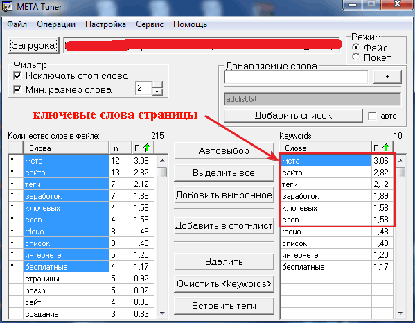 Программа для проверки плотности ключевых слов в тексте Metatuner