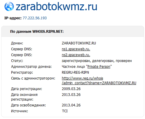 Данные по Whois для моего блога - zarabotokwmz.ru